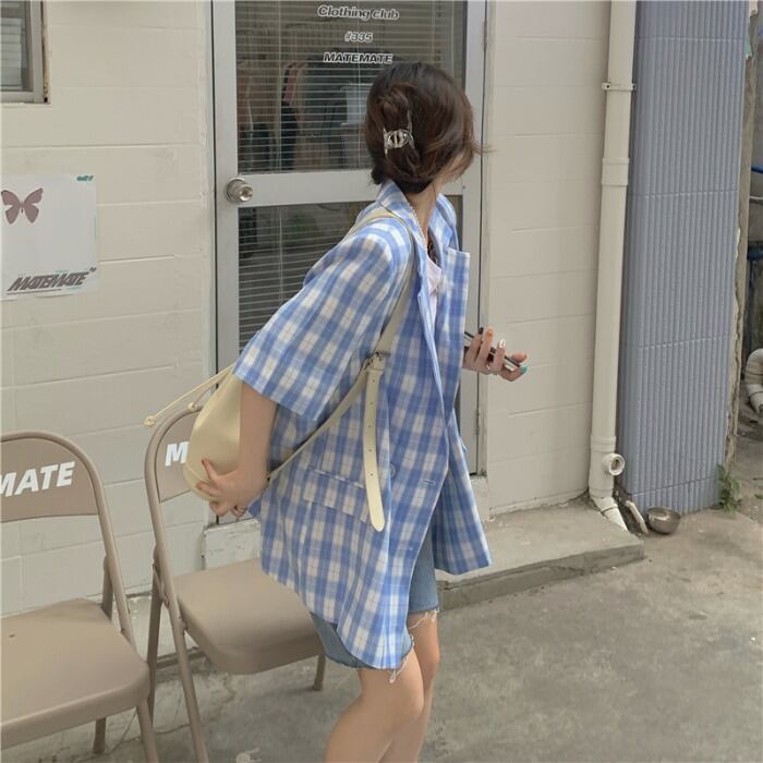 ブルー格子柄ジャケット カジュアル薄手スプリングサマー 春物 夏物 モンロー12854762146