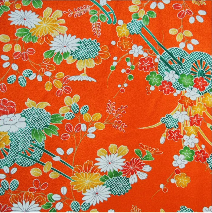 小紋】朱色に菊花と花車模様の着物 | ひふみ屋 小紋】朱色に菊花と花車模様の着物 | ひふみ屋