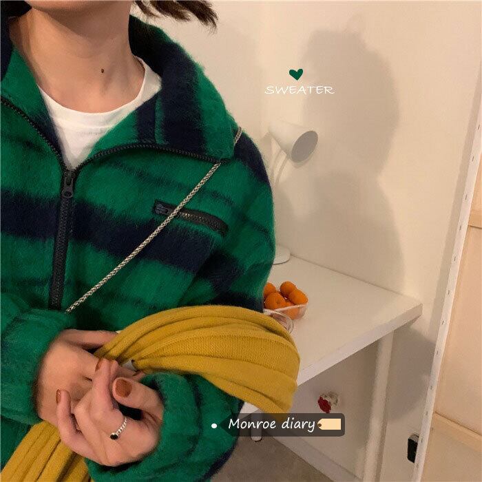 グリーンストライプカーディガンセーター レディースルーズオータムウィンターニットトップス コート ロング 秋物 冬物 モンロー98201816525