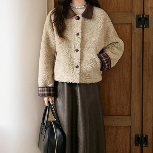 チェック袖ボアジャケット ・9802