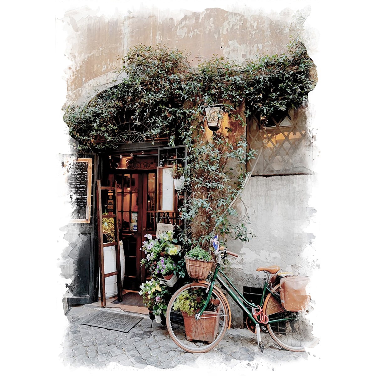 絵画 イタリアの風景画(街並み) ローマ 自転車のある風景 インテリア 