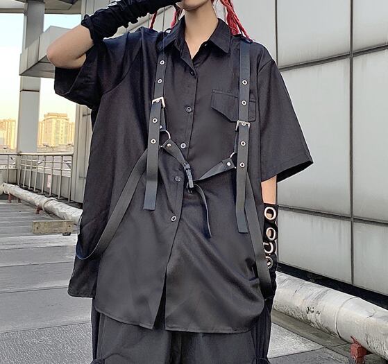 半袖 黒シャツ レディース メンズ ベルト付き 病みかわいい ゴスロリ モード系 個性的 Tb 771 毒いちご 韓国ファッション