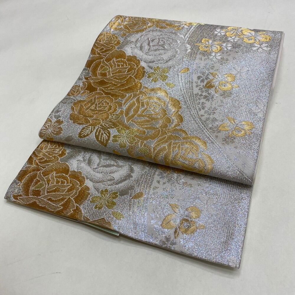 中古 礼装袋帯 正絹 草花 六通柄 シルバー Cランク 423cm 5947