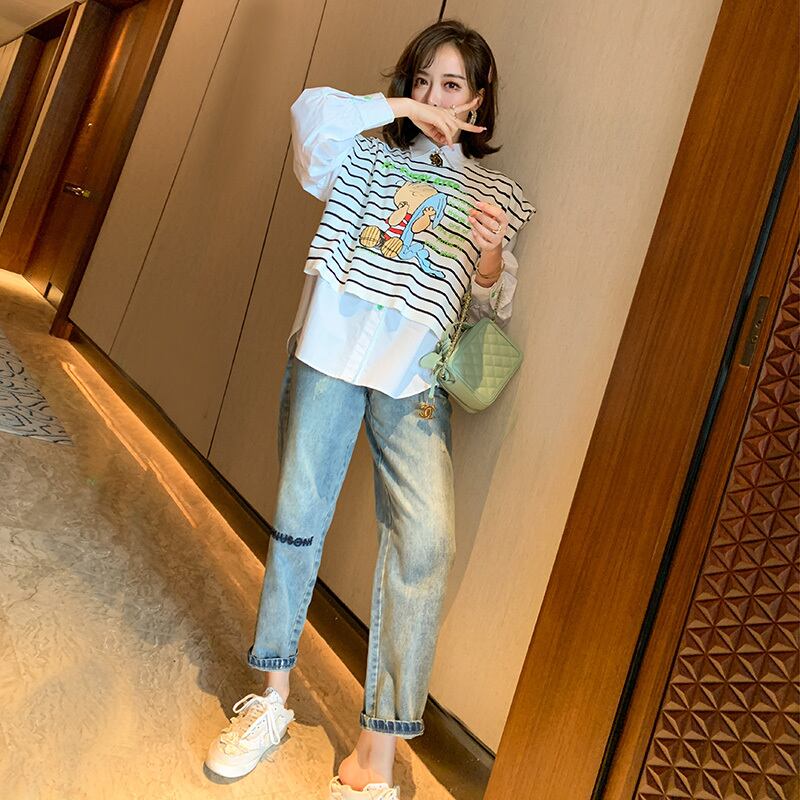 ルーズホワイトシャツ ストライププリント柄ジーンズ スプリング 春物 MIUCO66512948994