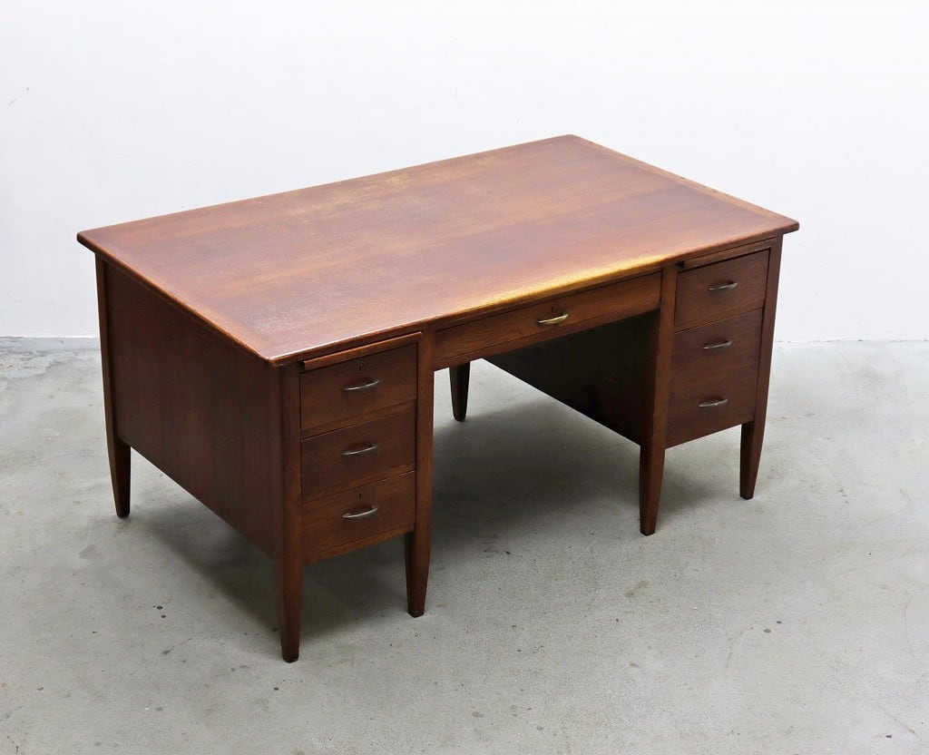 レトロ 片袖デスク 机 書斎 作業台 引き出し 抽斗 5杯 木製 古道具