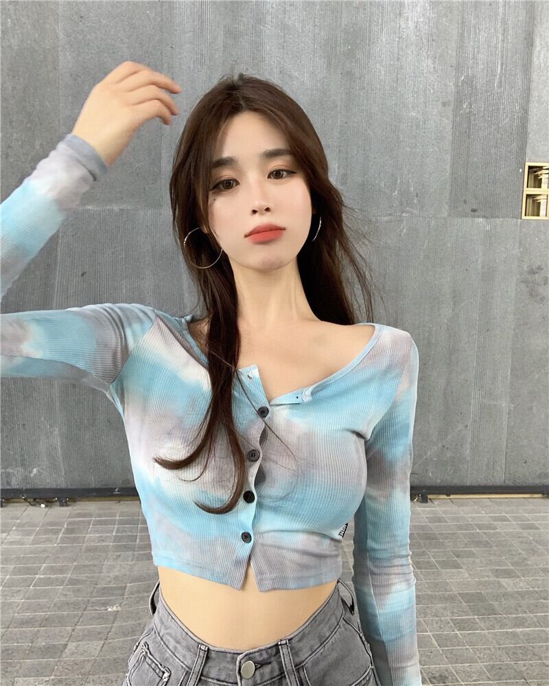 やさしい風青絞り染め長袖ニットカーディガンレディース初秋薄手タイトジャケットショートスリムbmトップ ブラックストロベリース75745815226