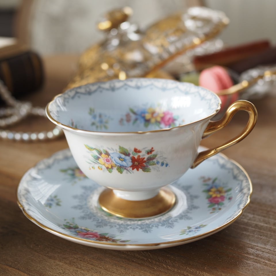 英国シェリーShelleyクロッシェ 色違いペアカップ＆ソーサー F1