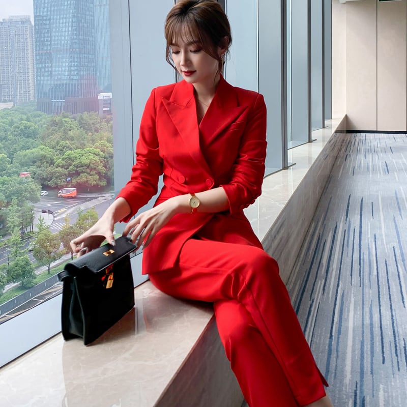 韓流スター レッドダブルブレスト スーツ＋パンツ セットアップ 宝塚