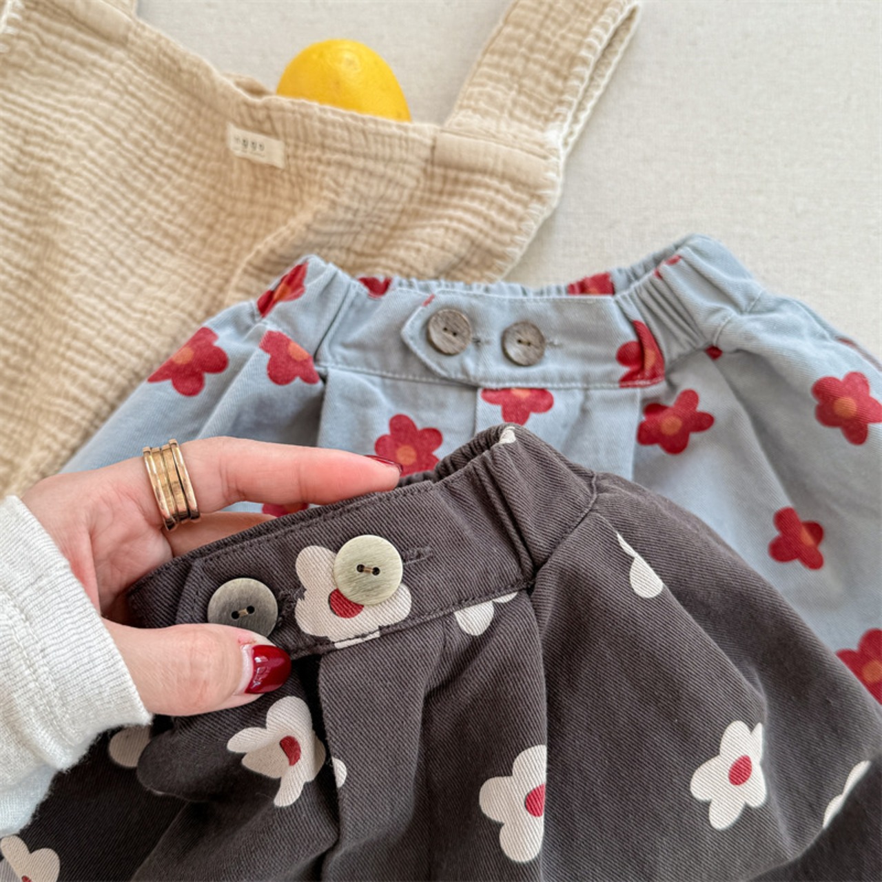 夏レトロ花柄デニムハーフパンツ