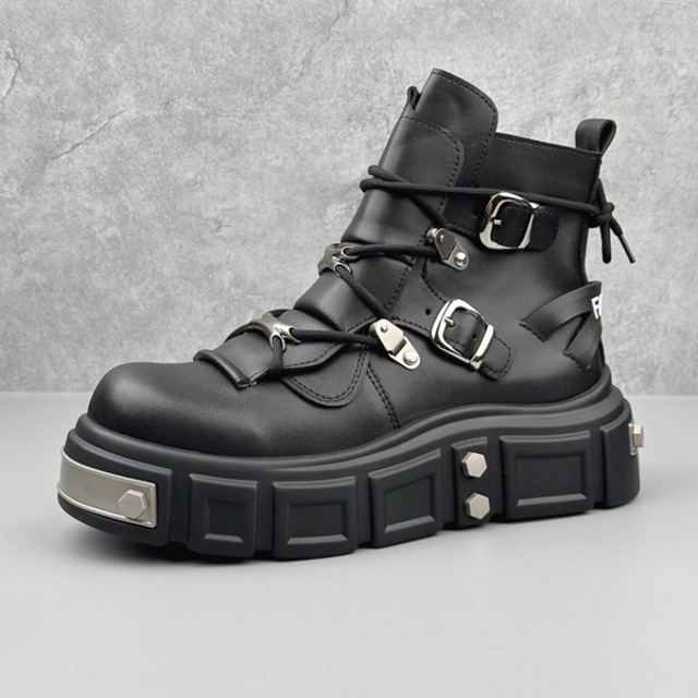 ◆【RECOMMEND】プレートソールクロスレースアップダブルバックルベルトサイドジップブラックブーツ（ruf_01577）