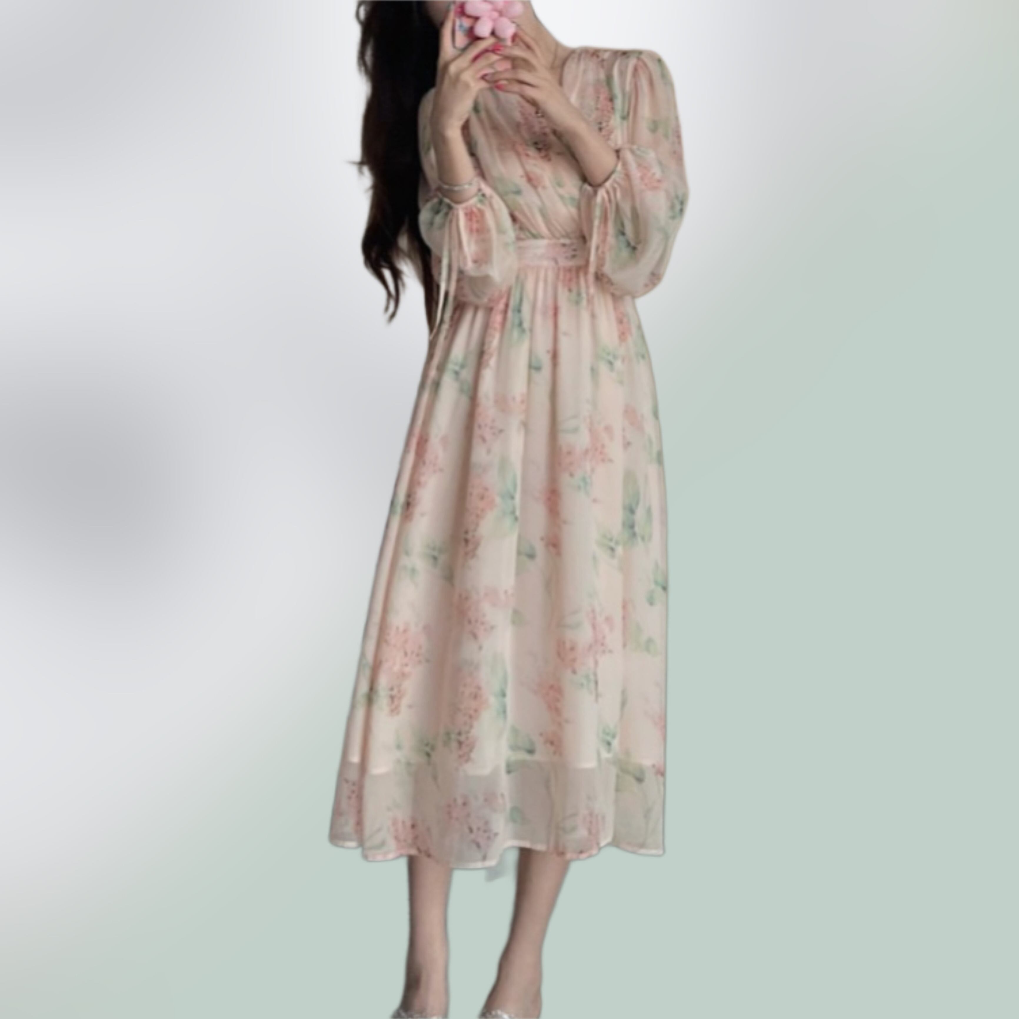 レトロピンクフラワープリントドレス33202