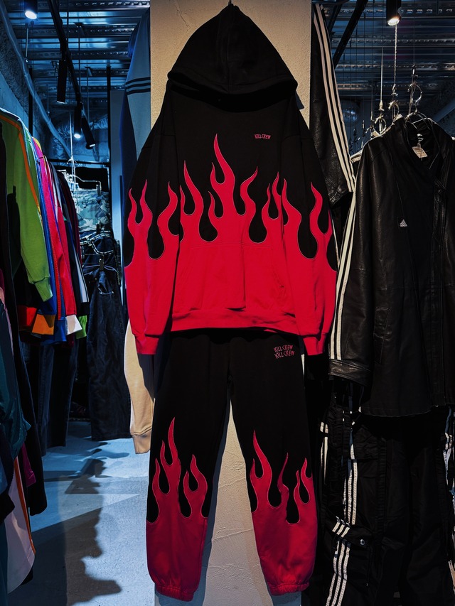 "KILL CREW"rose pink color fire pattern embroidery hoodie set up