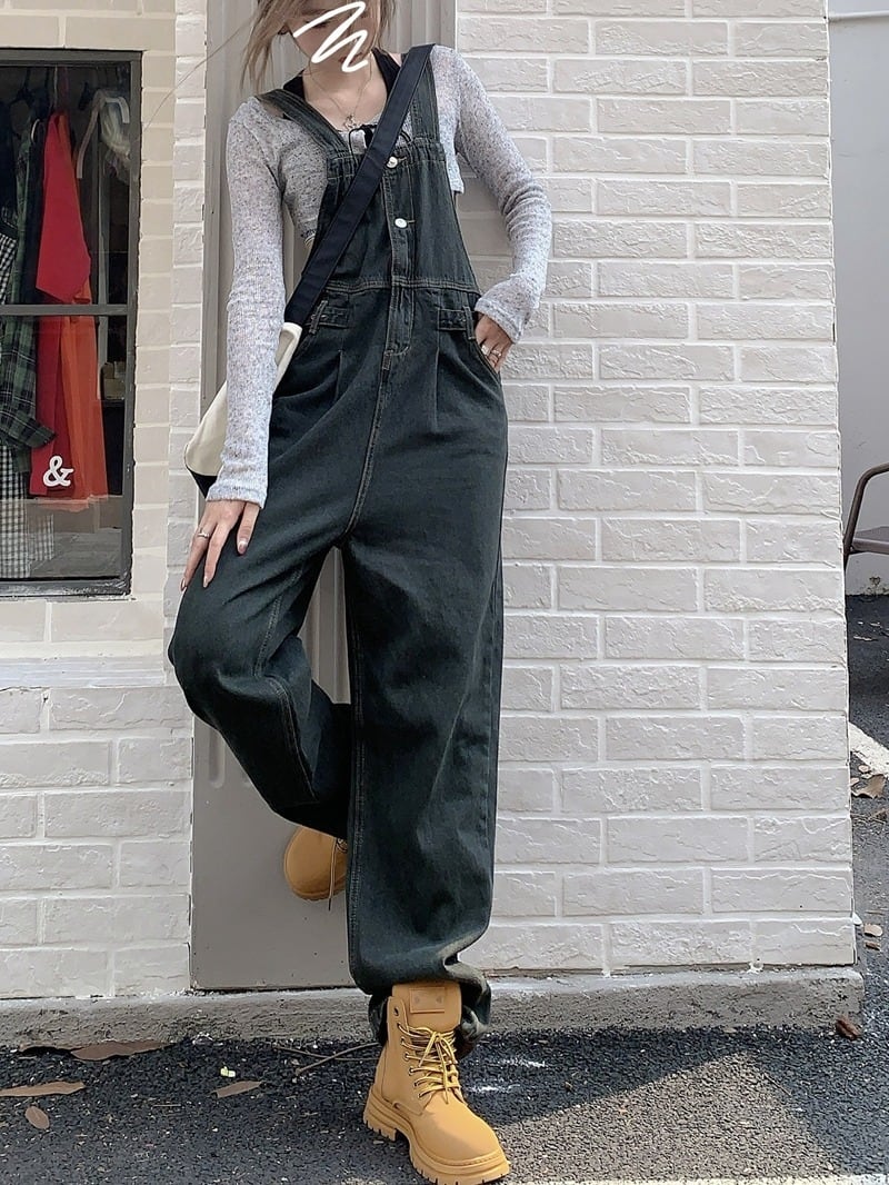 韓国通販 dgo】2colors ウエストマーク オーバーオール ダークブラウン