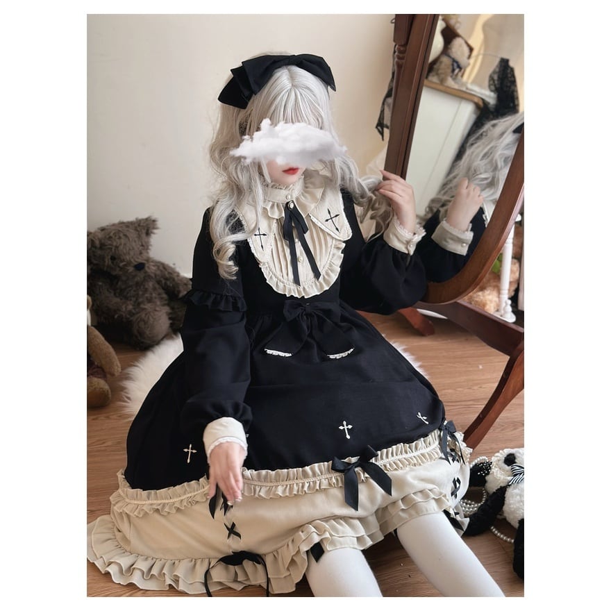 Lingxi lolita ゴスロリ ワンピース スカル刺繍 Lingxi lolita ゴスロリ ワンピース スカル刺繍 ロリータファッション