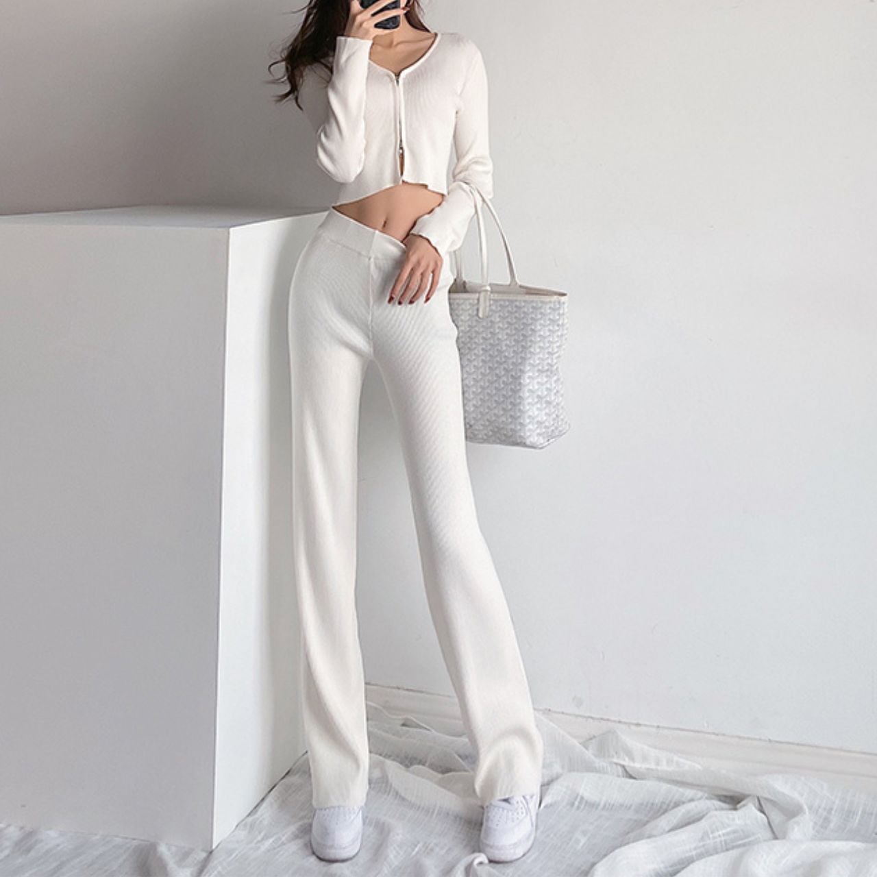 Western-style Knit Cardigan Short Navel Zipper High Waist Slim Casual Wide Pants(2color) V1419