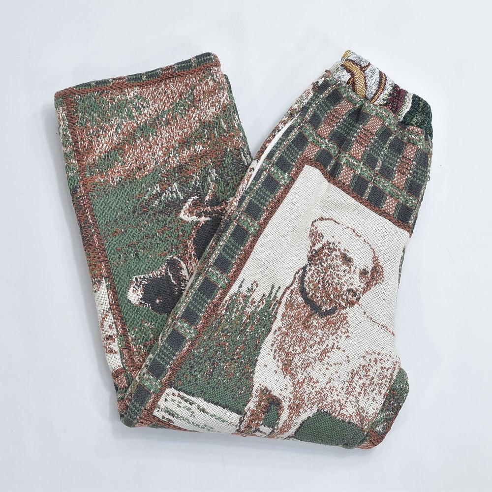 Remake リメイク ルーズシルエット ジャガード 総柄 デザイン ラグパンツ 犬 ドッグ柄 ブランケット タペストリー パッチワーク イージーパンツ 再構築 ゴブラン ユニセックスサイズ W62~98cm