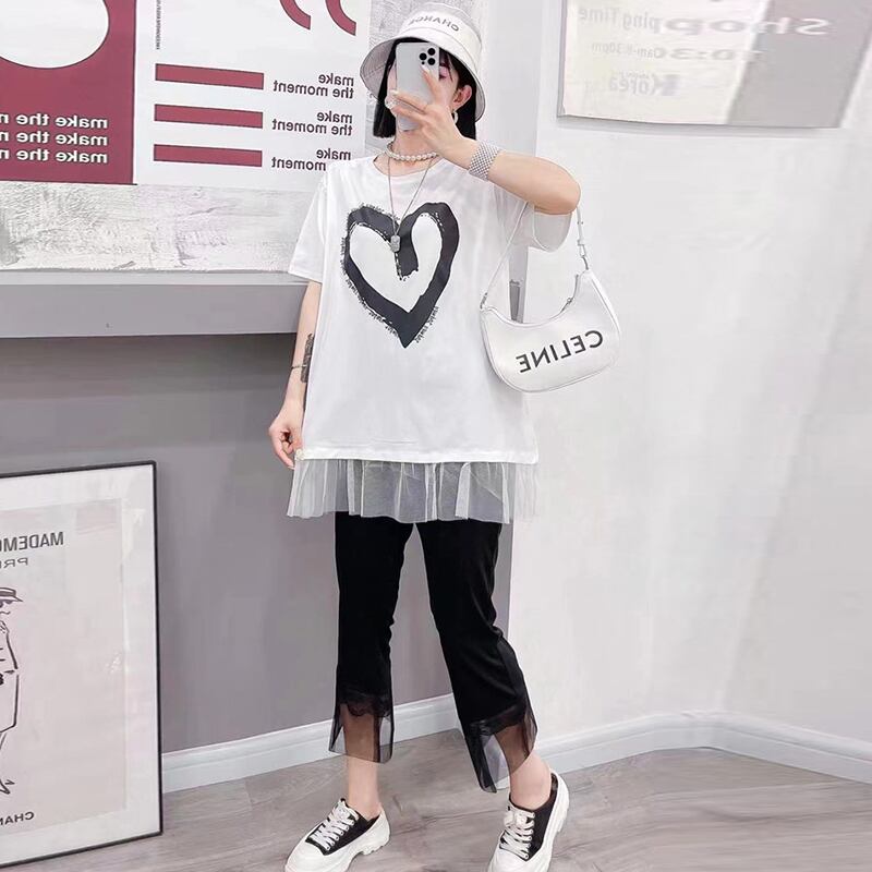 レディースTシャツ ルーズスリムクロップドパンツ 大きめサイズ ミックスインファッション43229046484