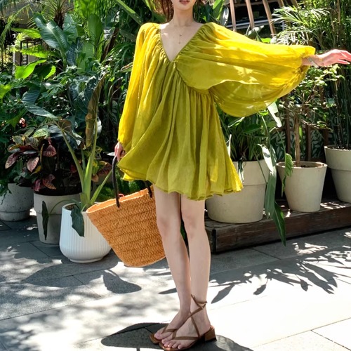 Vネックバックリボンギャザーシフォンワンピ ・76073