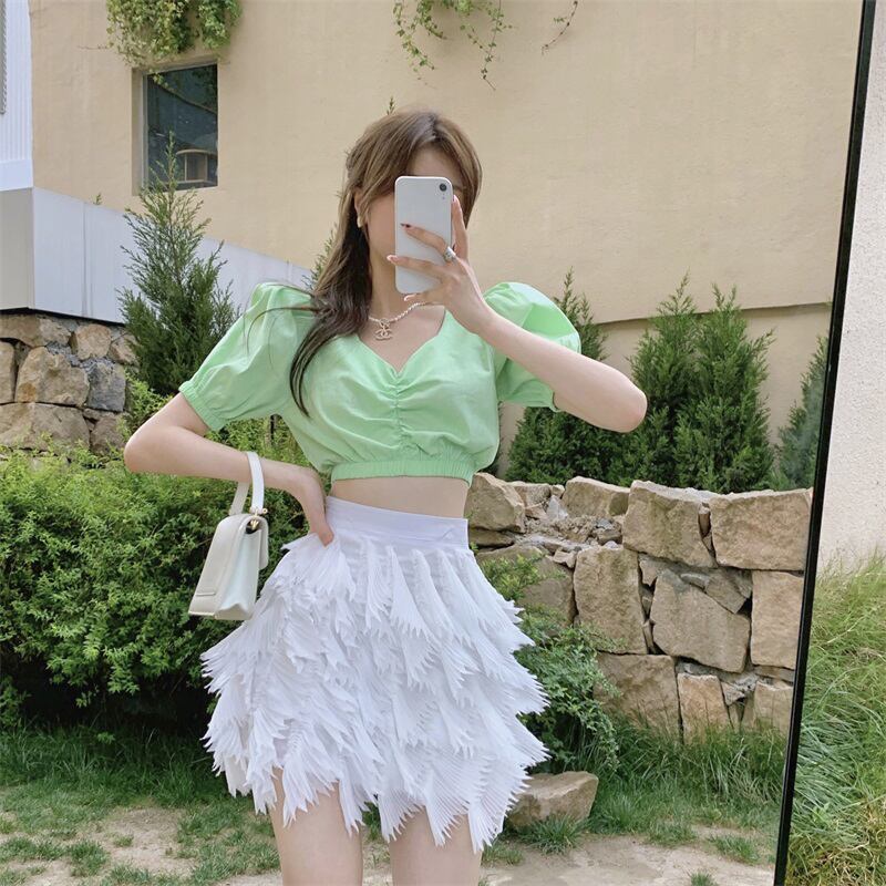 スリーブVネックプリーツシャツ サマーショートグリーントップス 夏物 ブラックストロベリース44296839687