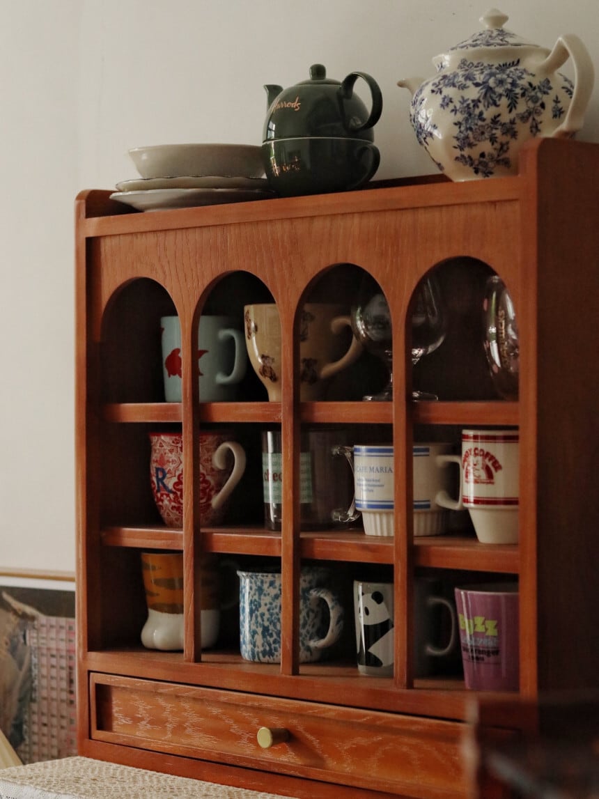 アンティーク調 アーチデザイン 木製シェルフ 壁掛け可 飾り棚　カップラック arch wood cup shelf 2size 2colors / アーチ ウッド カップ シェルフ