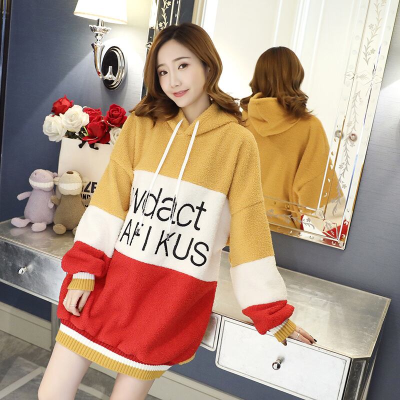 【新作】【送料無料】 マタニティウェア2019冬の新しいラムベルベットカラーマッチング刺繍ドレスフード付きプラスベルベット厚いマタニティドレス-アリババ ウィンター 冬物 expec247477452082