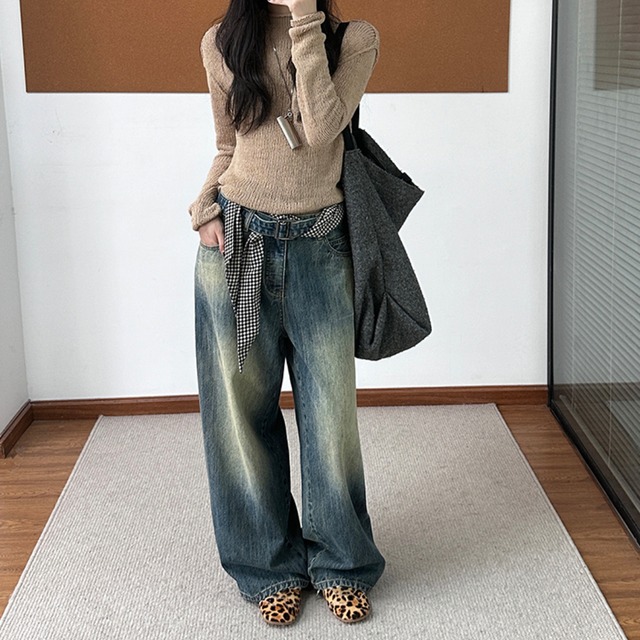 Belted wide denim pants S1484