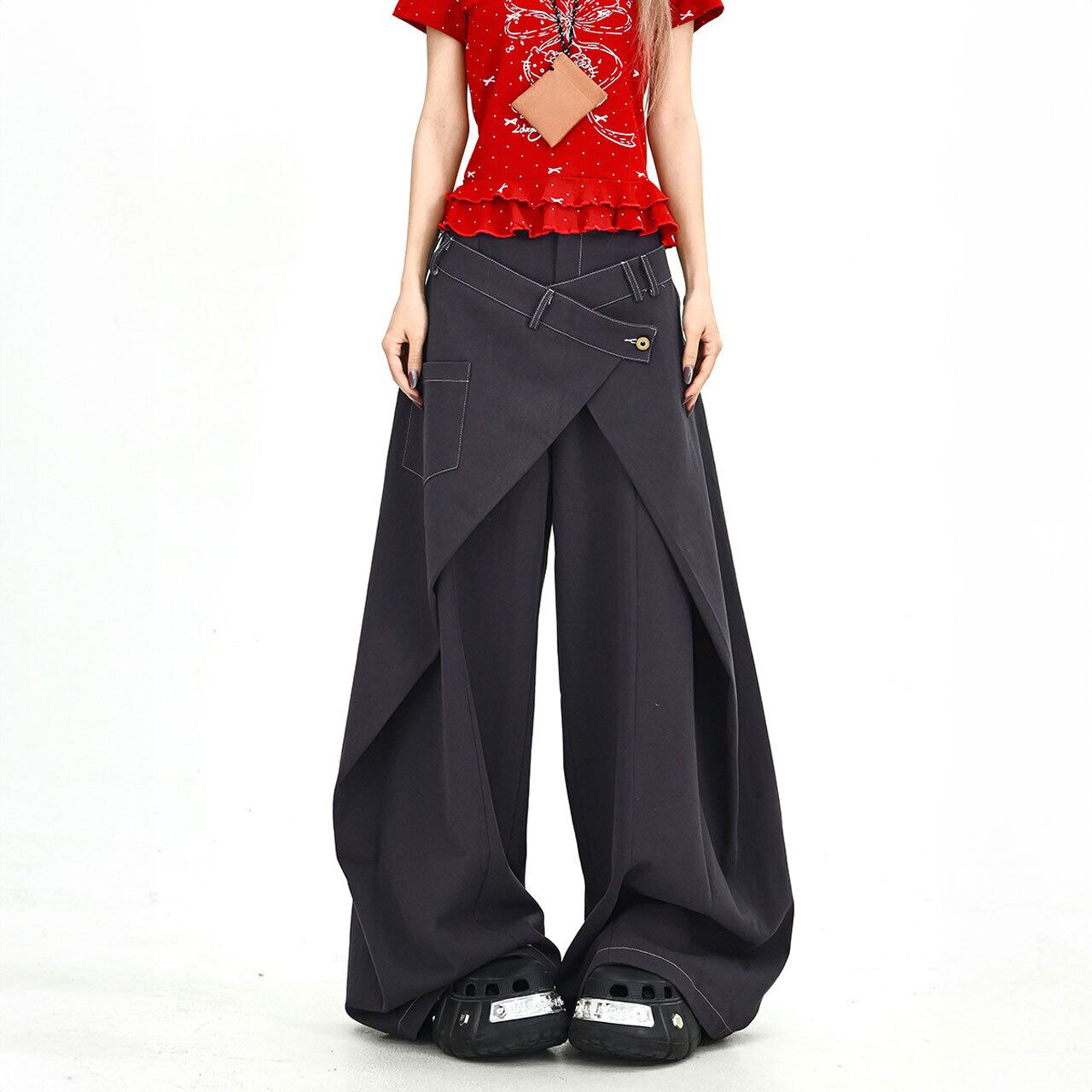 アシンメトリーラップレイヤードワイドラインパンツ 1col R02004