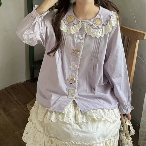 襟レース刺繍ピンタックブラウス ・12444