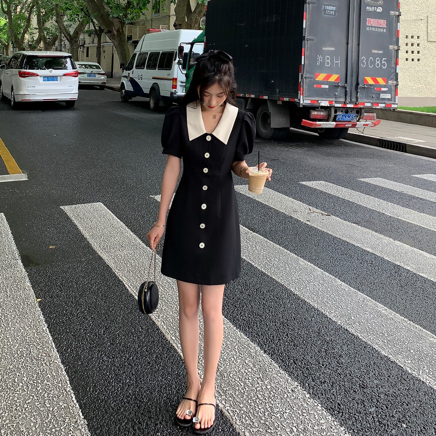 ブラックネイビーカラードレス サマースリーブスカート レディース 夏物 HUCHUJING48774525600