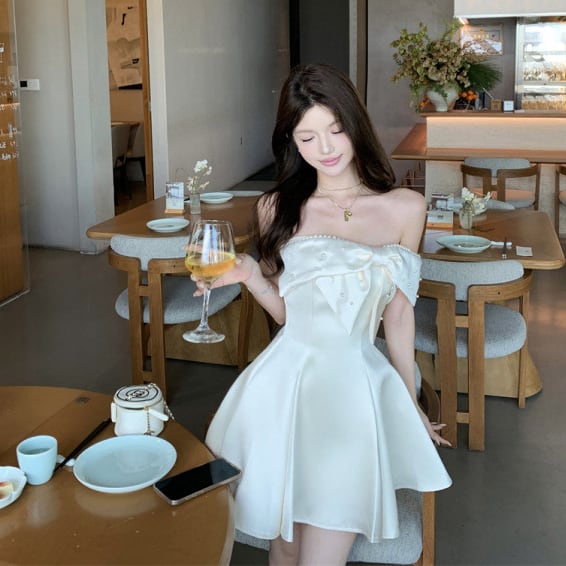 ミニドレス キャバドレス フレンチスタイル オフショルダー リボンデザイン Aライン パール デート お出かけ カジュアル ランチ JC2-XHY918397