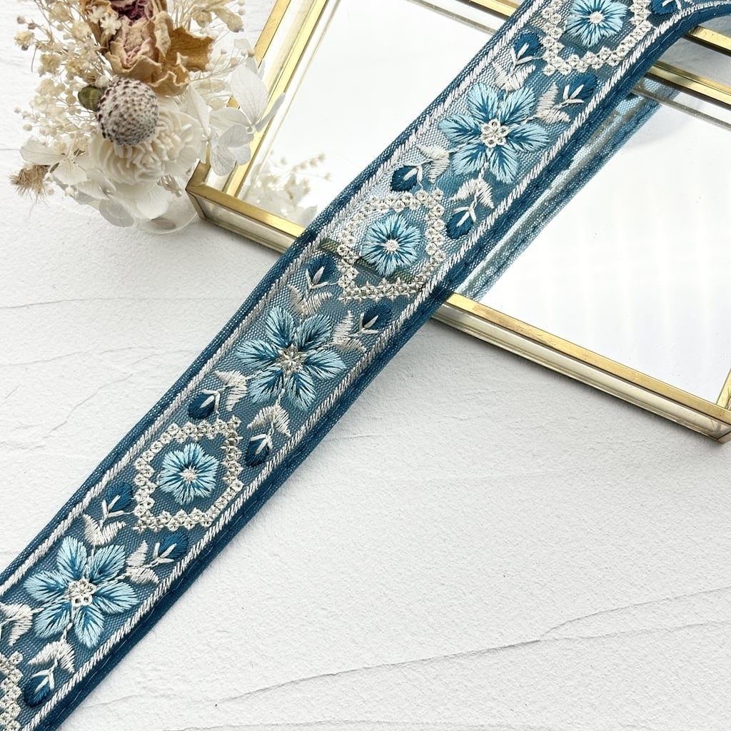 パステルフローラル [ターコイズ］インド刺繍リボン 1827 | インド刺繍