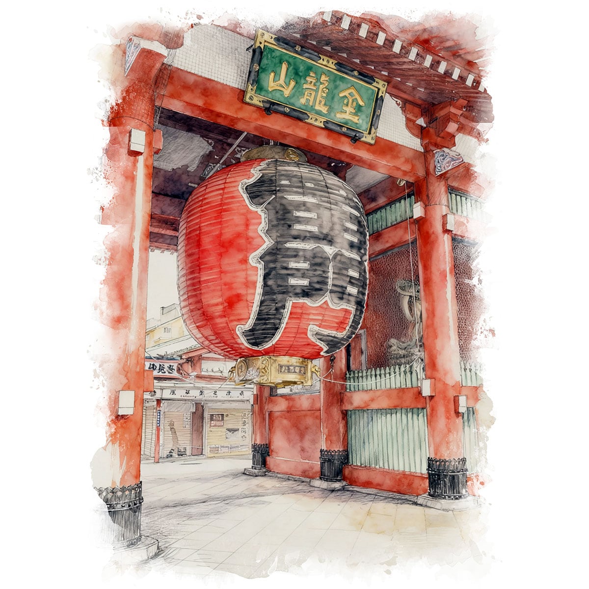 絵画(風景画) 日本 東京都 浅草寺 インテリアアート額付き 水彩画