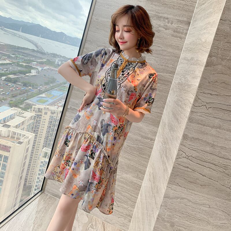 刺繍レースボタンプリントドレス ステッチ MIUCO87330975171