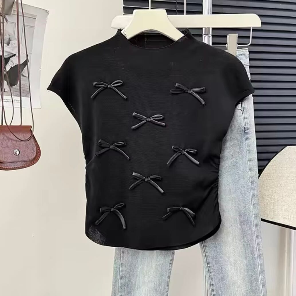 リボンモチーフクルーネックニットTシャツ