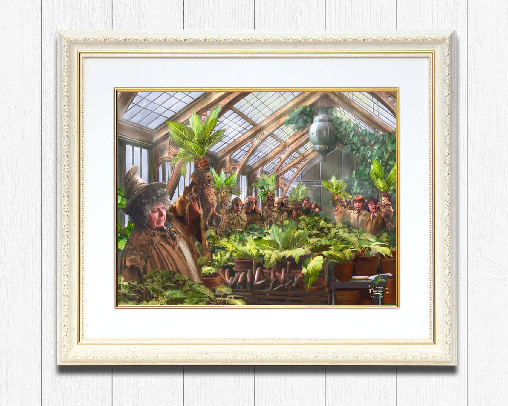 トーマス キンケード スタジオ「ハリー・ポッター/ホグワーツの温室」額縁 作品証明書 展示用フック付き アートプリントポスター