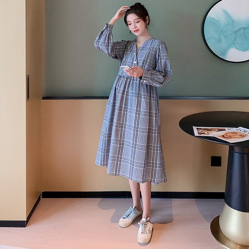 【新作】【送料無料】 マタニティウェア2020秋と冬の新しい格子縞のVネックファッションママドレス小さな新鮮なミドル丈ドレス妊婦-アリババ オータム 秋物 ウィンター 冬物 expec276708925457