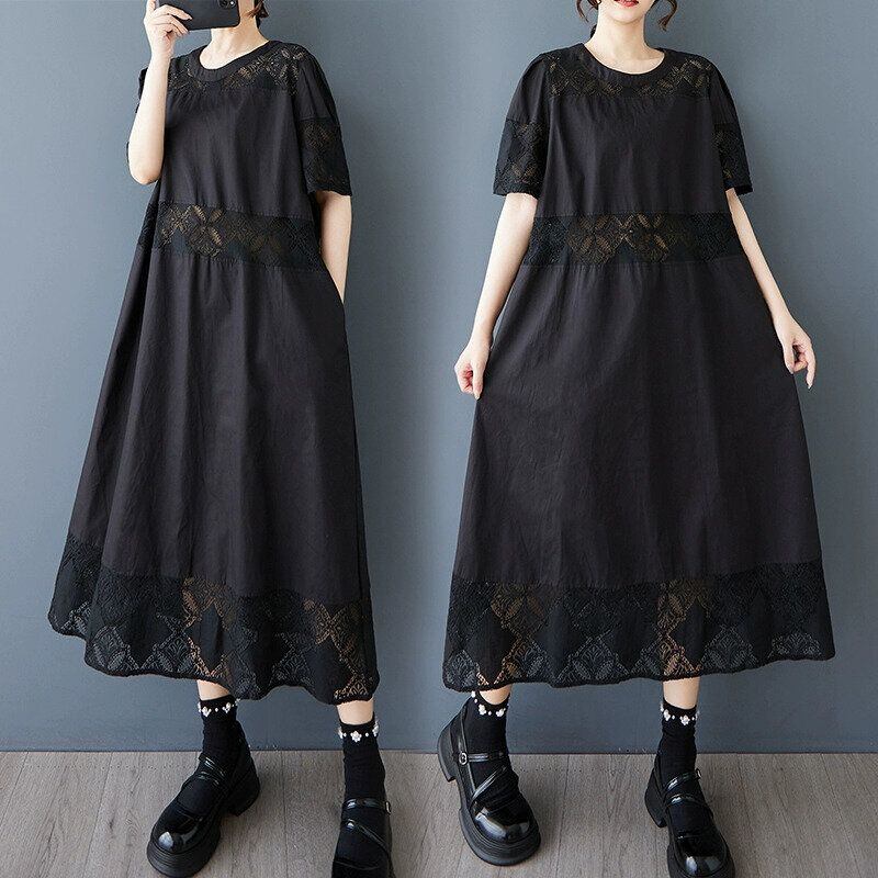 BLACK LACE STITCHED ROUND NECK HALF SLEEVES A-LINE MIDI DRESS 1color M-14190