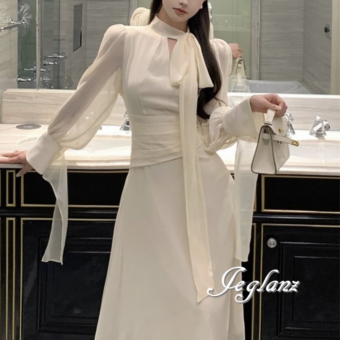 ボウタイ ロング ワンピース ドレス ハイネック 透け感 Aライン(M5723)ζ