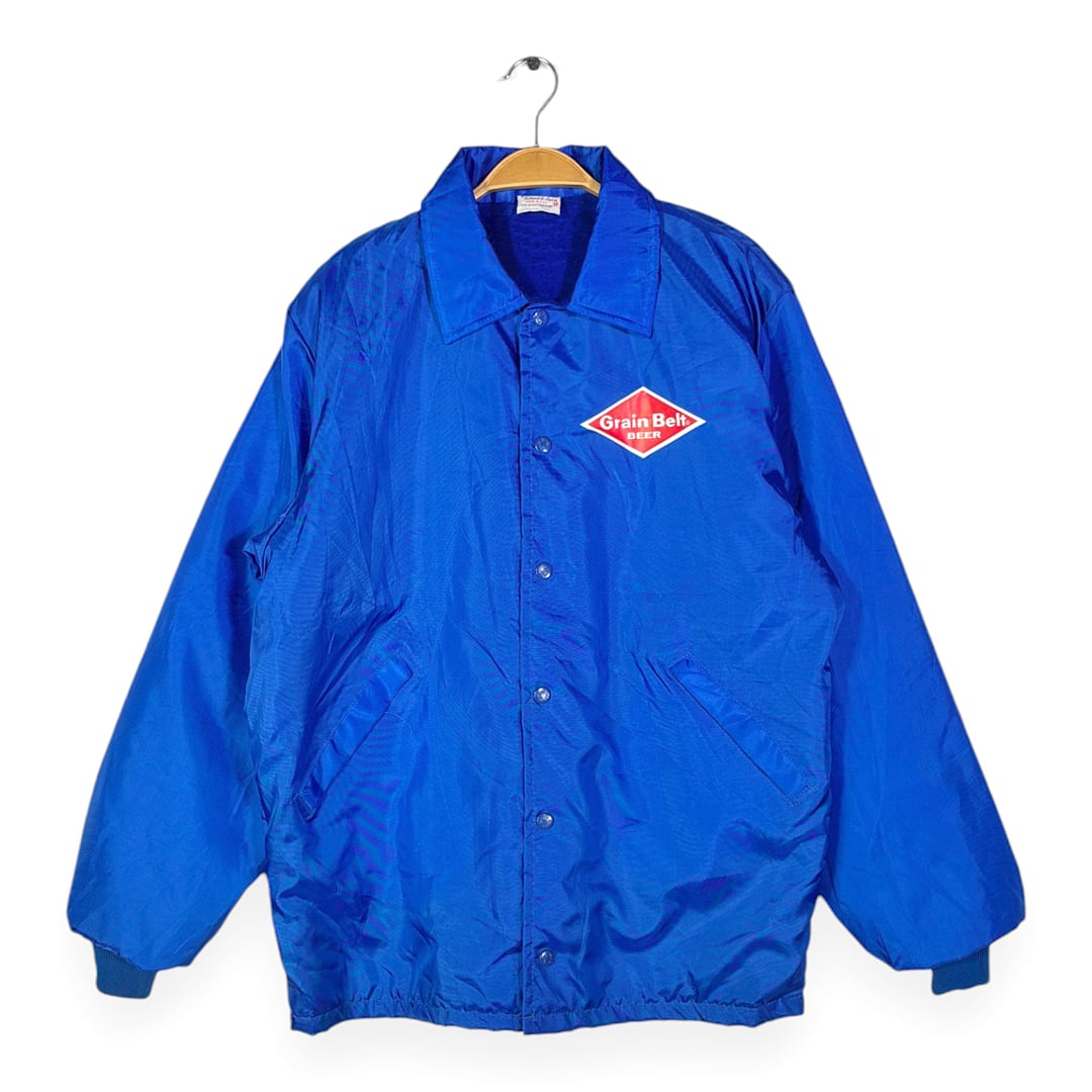 80s グレインビール USA製 ヴィンテージ コーチジャケット 企業系 ビール会社 GRAIN BEER ブルー BIRDIE サイズM 古着 DZ0779