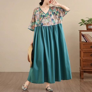 GREEN V-NECK 3/4 SLEEVES LONG WIDE PULLOVER DRESS 1color M-16700