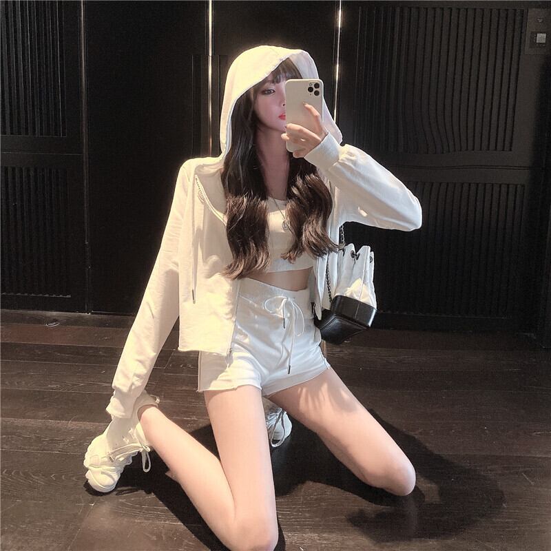 ジッパーホワイトフード付きセーター女性秋ルーズ長袖ジャケット2020新しいショートトップインタイド ブラックストロベリース16773173091