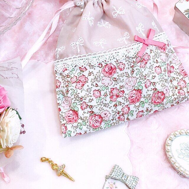 リバティと刺繍生地の巾着ポーチ フェリシテ レース リボン 大人可愛い