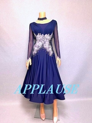 【新着】パーティードレス　社交ダンス ドレス　スタンダード　モダンドレス　ネイビー　M   ST-25-14  デモ・競技用ドレス　発表会衣装　パーティドレス　ワンピース　舞台衣装