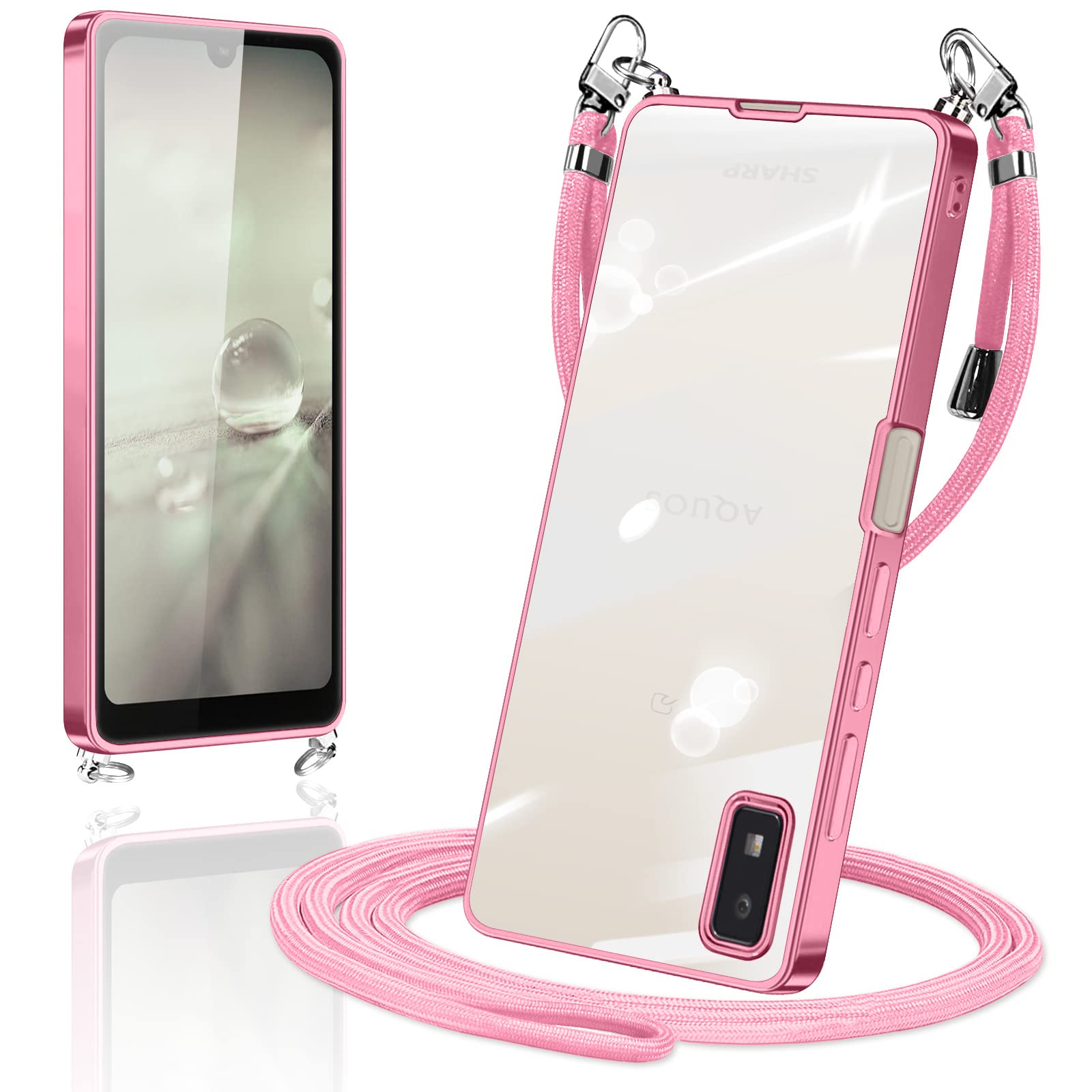 対応 AQUOS wish / wish2 ケース ショルダー クリア ストラップ SHG06 SH-51C スマホケース カバー 肩掛け ローズゴールド
