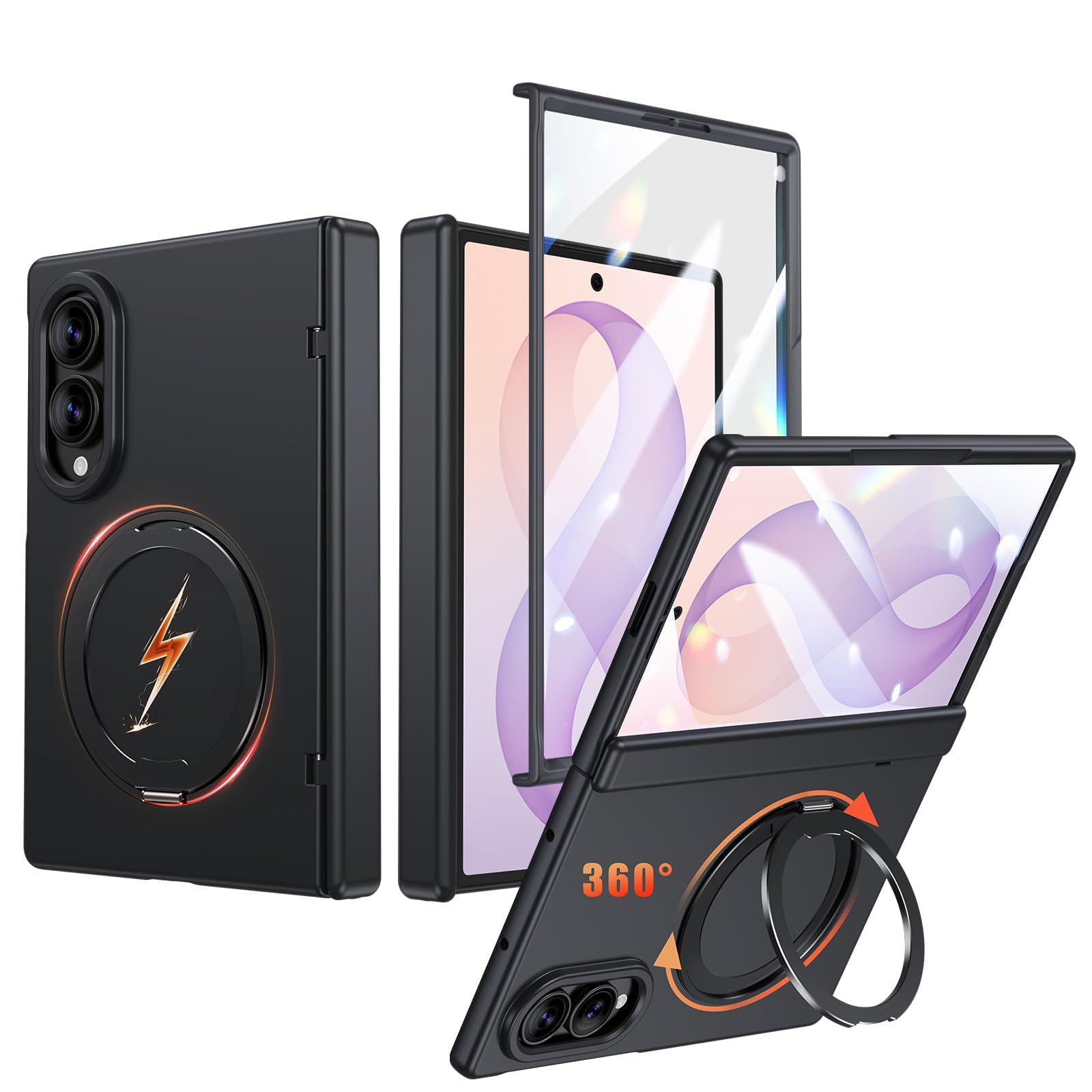 Fadkzyxr Galaxy Z Fold8 用 ケース MagSafe対応 360°回転スタンド フィルム一体型 ヒンジ保護・ブラック