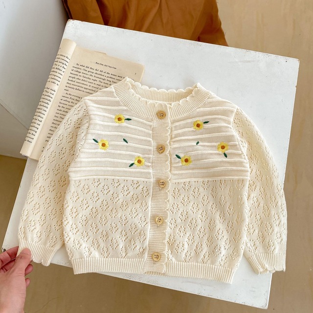 【BABY】フラワー刺繍透かし編みニットカーディガン - 9
