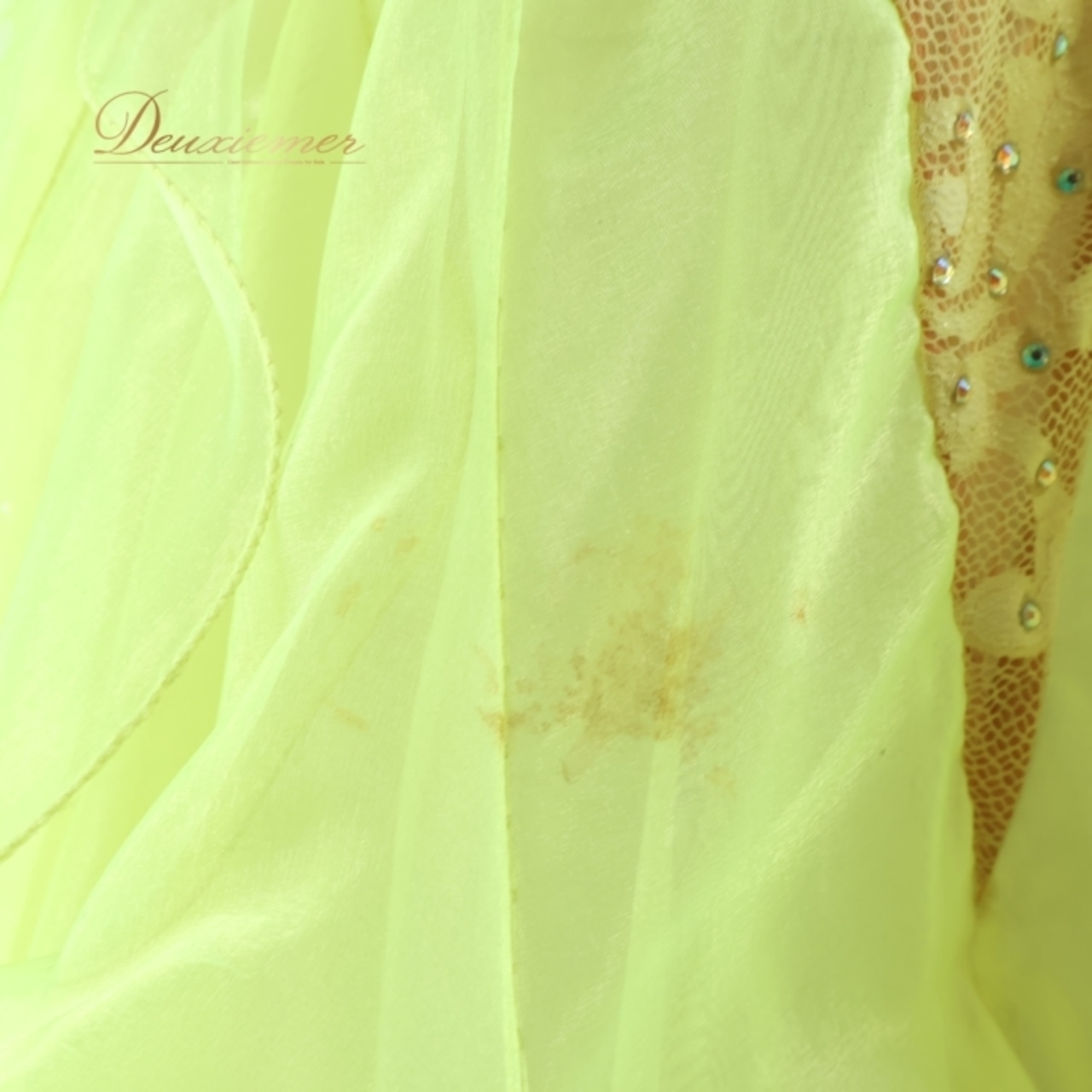 社交ダンス 衣装 スタンダードドレス ワンピース ドレス グリーン系 イエロー系 黄緑 黄色 蛍光 フロート レース フリル デモ 競技 ダンス パーティ 発表会 華やか 明るい色 衣装 発表会用