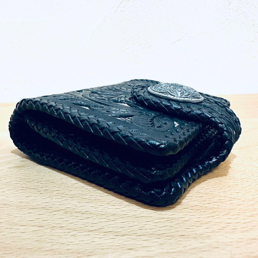 新品ビンテージ☆花柄カービングの折り財布 ウォレット 黒パイソン本革