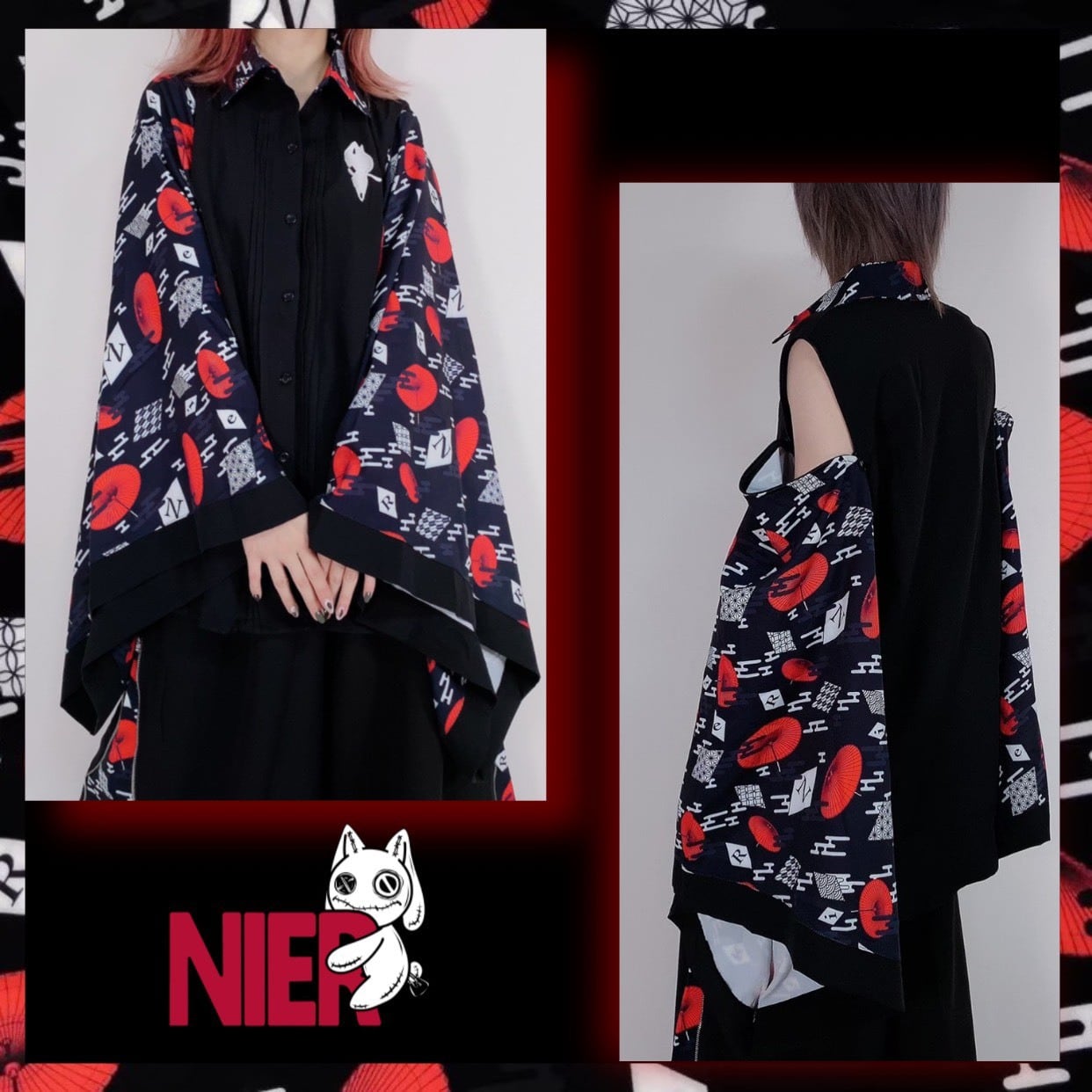 NIER CLOTHING 2way 着物風袖ブロッキングシャツ【赤和傘】