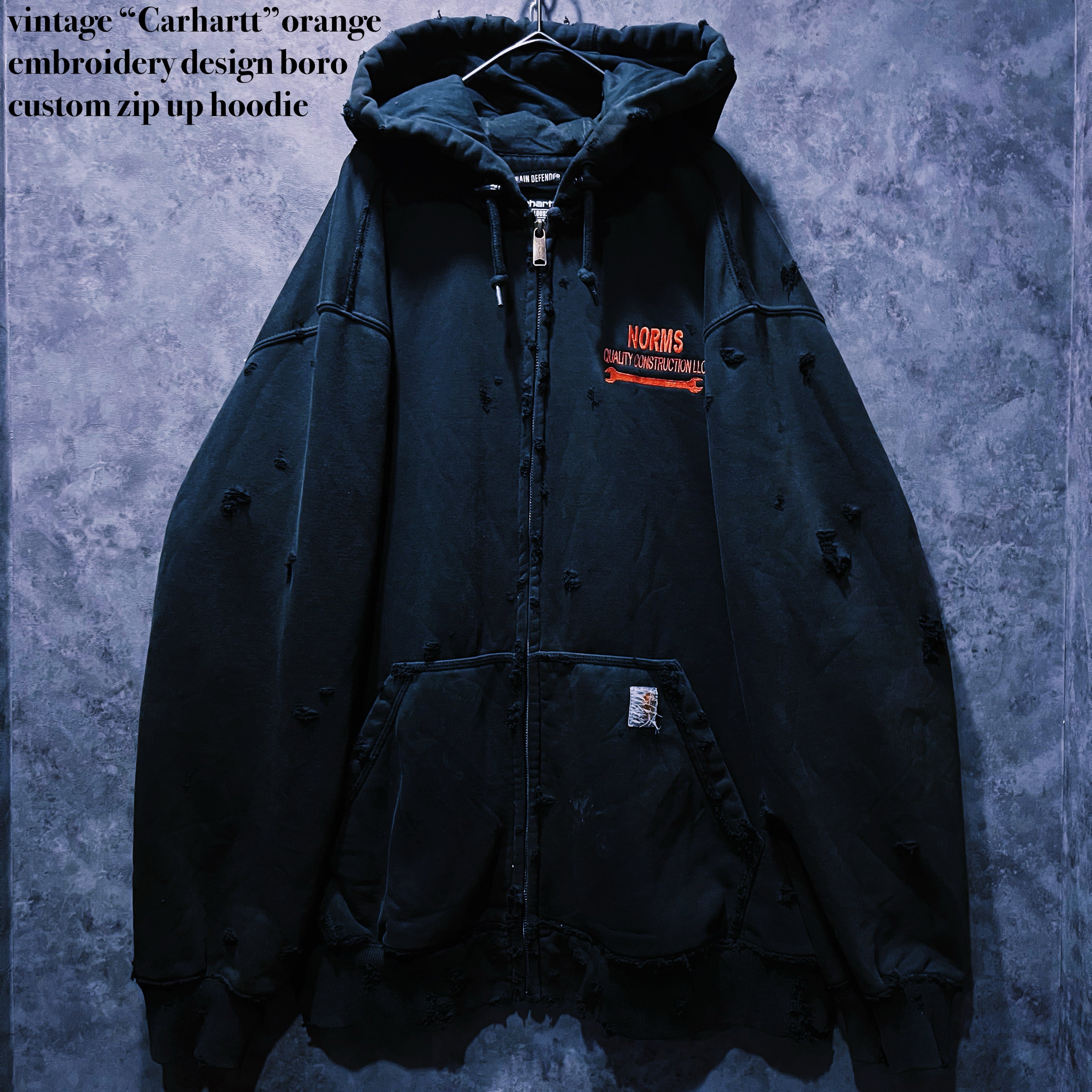 【doppio】vintage “Carhartt”orange embroidery design boro custom zip up hoodie